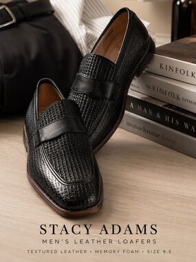 Stacy Adams Black Embossed Leather Loafers Vintage Dad Shoe Y2K 9.5